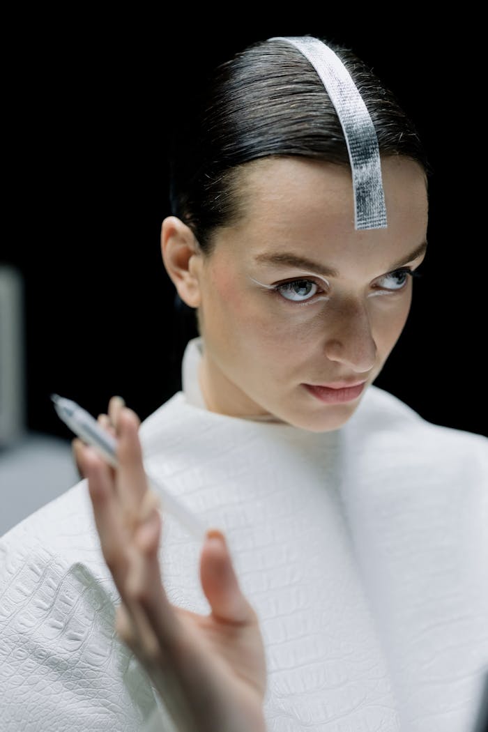 gallery-6 A woman in a futuristic white outfit in a laboratory, embodying technology and innovation.