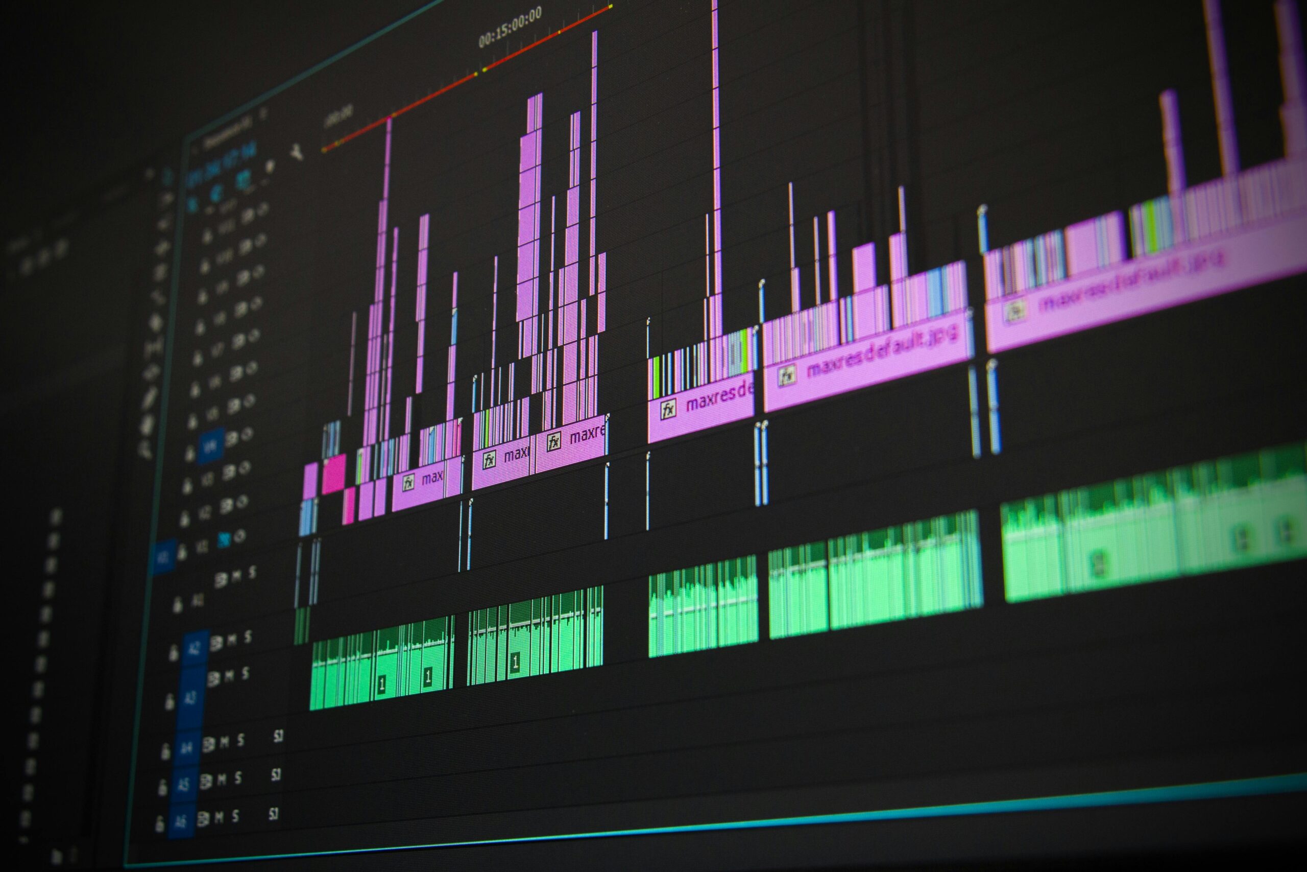 AI videogeneration: zo helpt AI je sneller en slimmer video’s editen Close-up of a professional audio and video editing software interface with waveform displays.