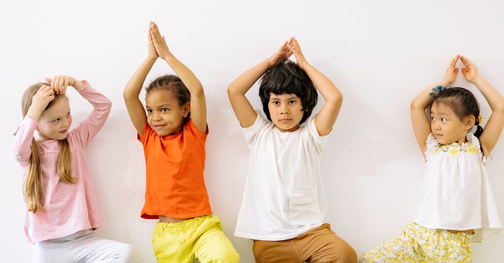 Four diverse children practicing yoga indoors, promoting fun and exercise in a learning environment.